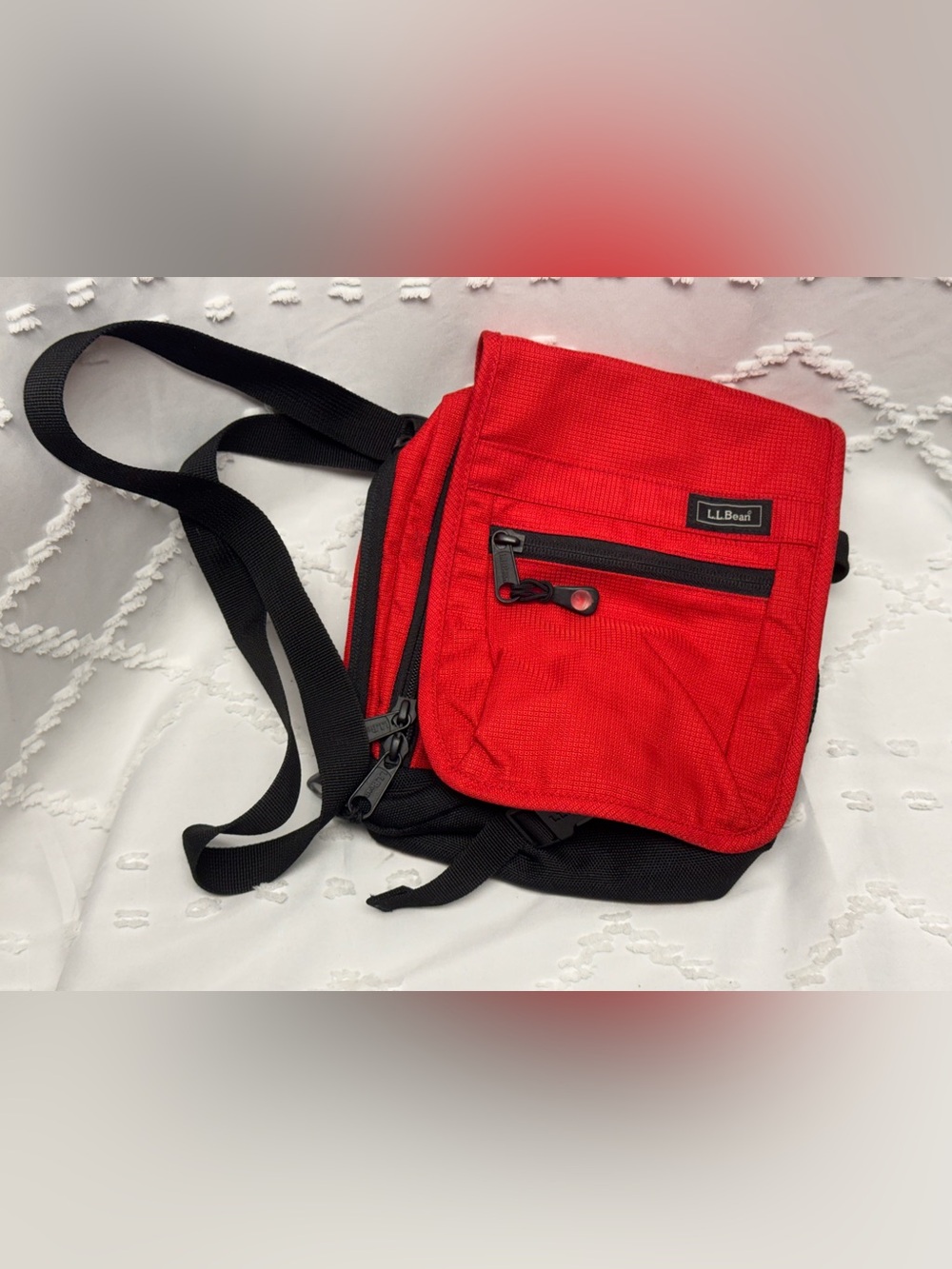 L.L. Bean Red Nylon Crossbody Travel Bag with Multiple Compartments